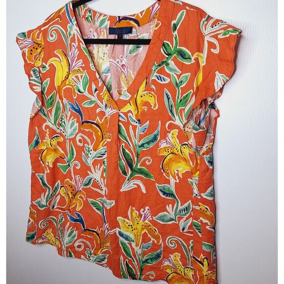 Rachel Rachel Roy Linen Floral Top 2X Popover Tiger Lily Flutter Sleeve V-neck - Picture 2 of 9